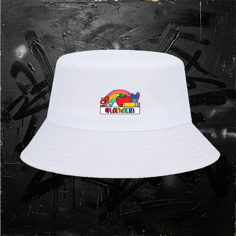 Unisex Bucket Hat with Rainbow Apple and School Supplies Print, #LAMMAETA Design, Classic Cotton Sun Hat for Outdoor Activities, Perfect for Students and Teachers