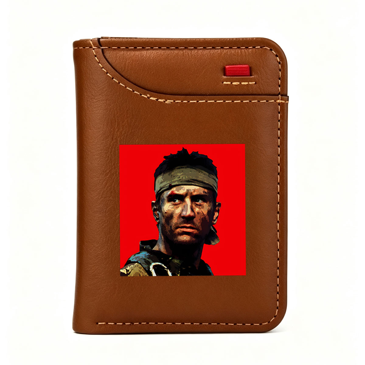 John McClane in Die Hard, intense action hero with headband and rugged look against red background - Vertical Style Wallet