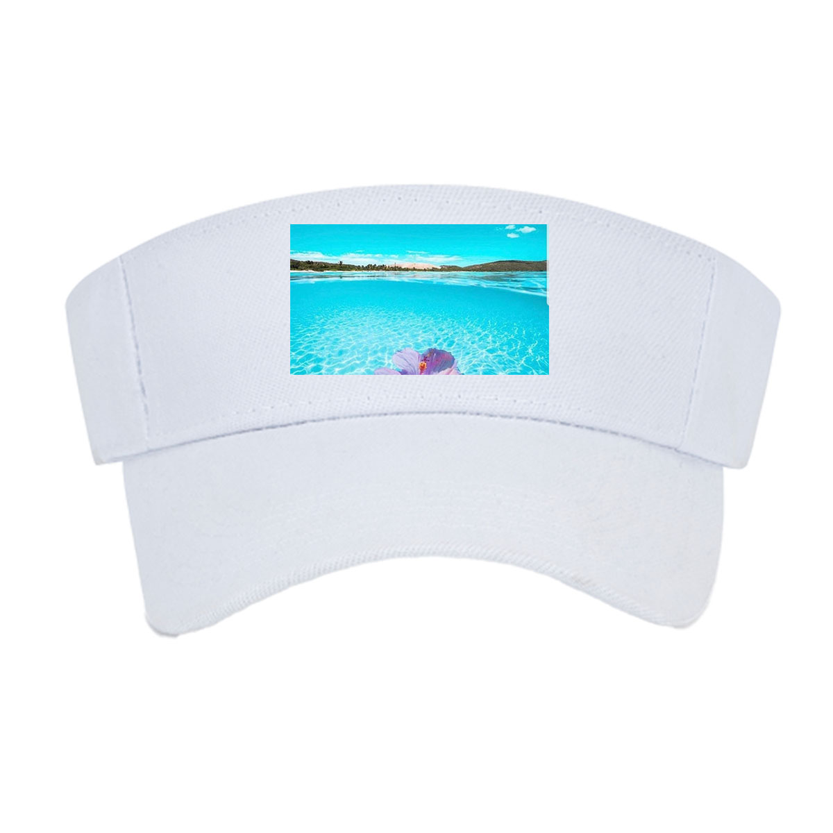 Hand holding a pink hibiscus flower over crystal-clear turquoise water under a bright blue sky. -  Visor cap