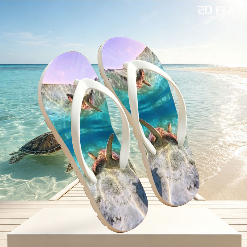 Sea turtles swim gracefully in clear blue waters, one near the surface and one gliding over sandy ocean floor. -  flip-flops