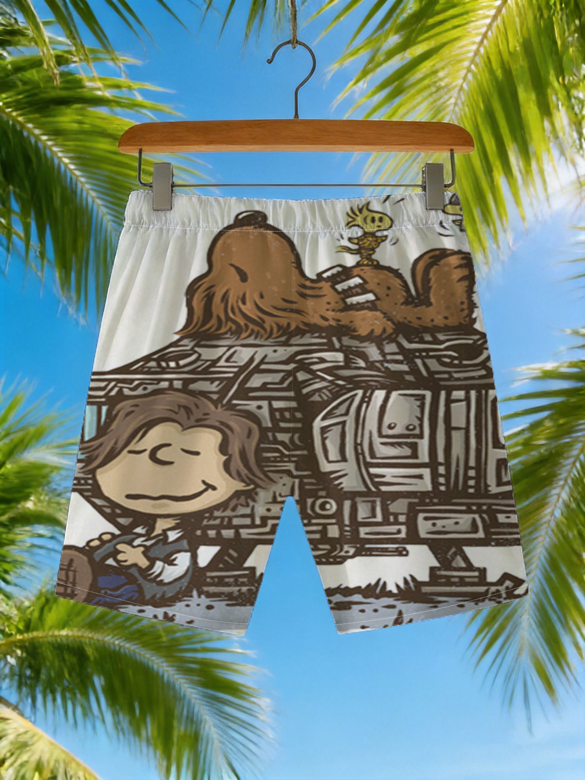 Luke Skywalker, Chewbacca, and C-3PO on a Millennium Falcon Cartoon -  Beach shorts