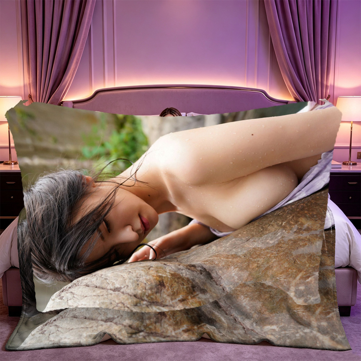 Redhead nude on wooden chair. - Blanket