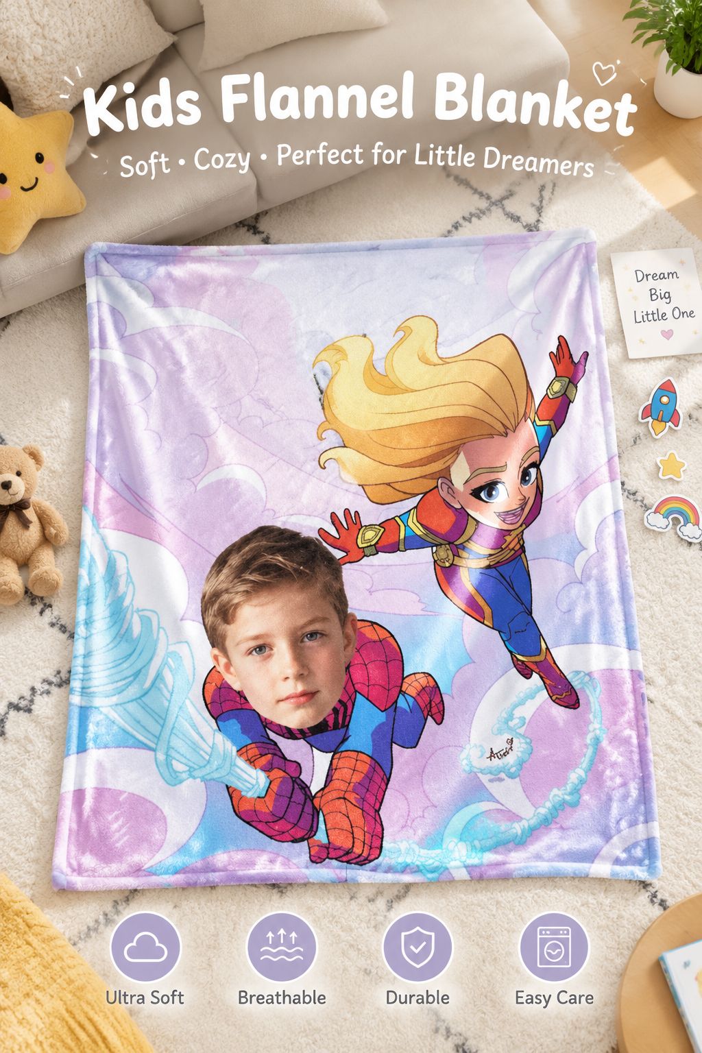 Custom Face Superhero Flannel Blanket, Personalized Photo Soft Plush Fleece Throw for Kids Boys Girls Birthday Gift