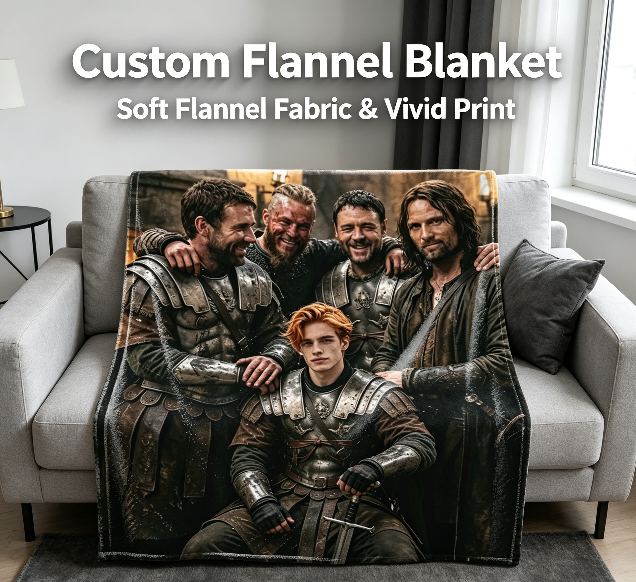 Custom Face Blanket Featuring Medieval Warriors in Armor Flannel Blanket Perfect for Couch or Bed Cozy Gift for Fantasy Fans and Movie Lovers