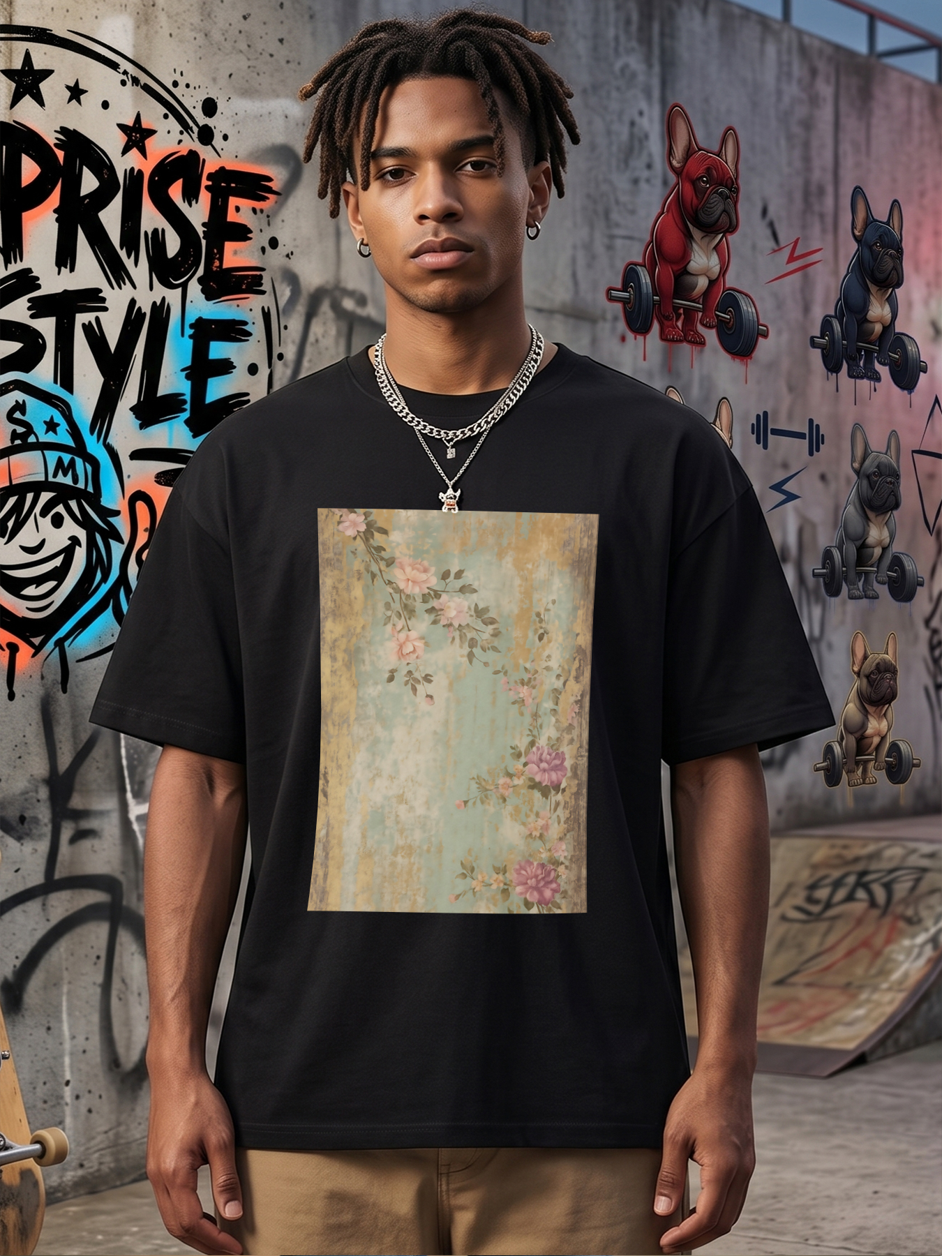 Men's Floral Print T-Shirt with Vintage Rose Pattern and Soft Pastel Colors, Casual Round Neck Lightweight Breathable Summer Short Sleeve Tee for Outdoor Activities, Travel, Daily Wear, Suitable for Men Who Love Artistic and Romantic Styles