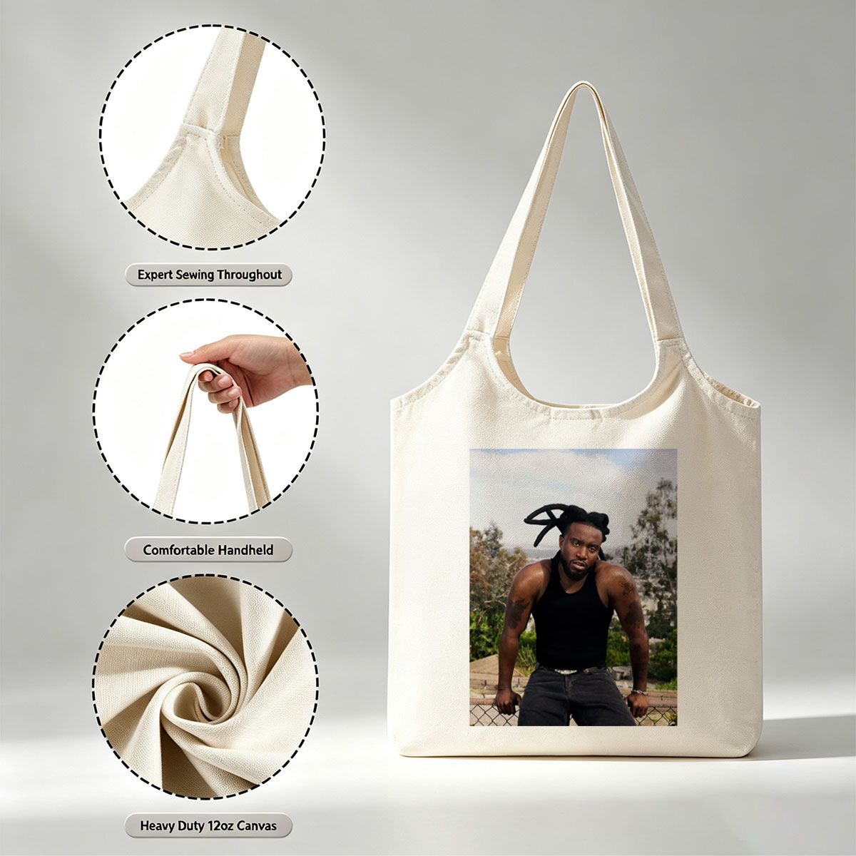 T-Pain Outdoors in Los Angeles, Wearing Black Tank Top and Jeans with Visible Tattoos and Dreads - Canvas shoulder bags/