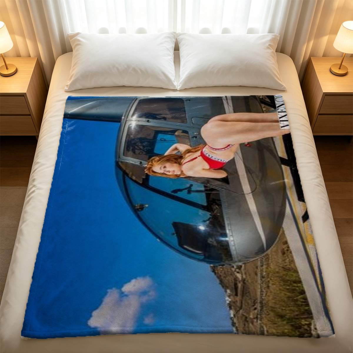 Japanese Samurai Girl in Black Lingerie with Katana - Blanket