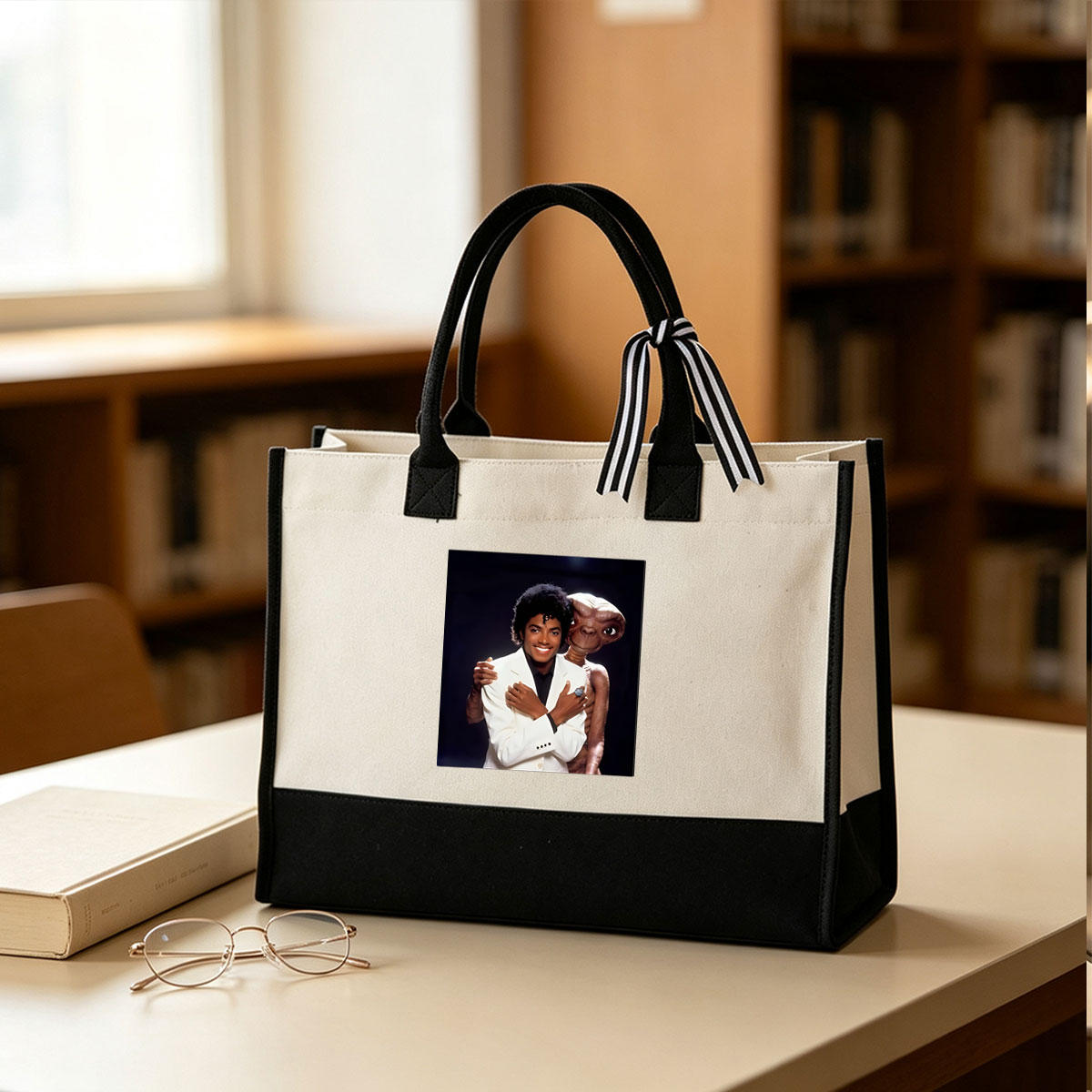 Michael Jackson and E.T. the Extra-Terrestrial in a playful pose - Canvas patchwork gift tote bag