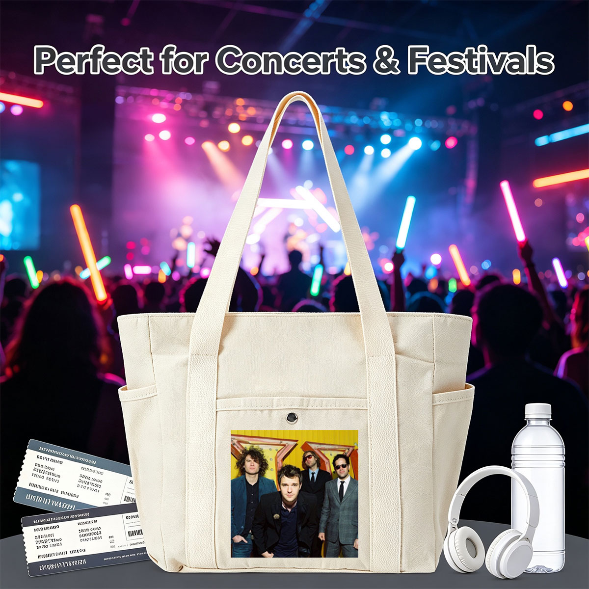 The Killers Band Members in Formal Wear Against a Vibrant Yellow Background - Multi-pocket bags