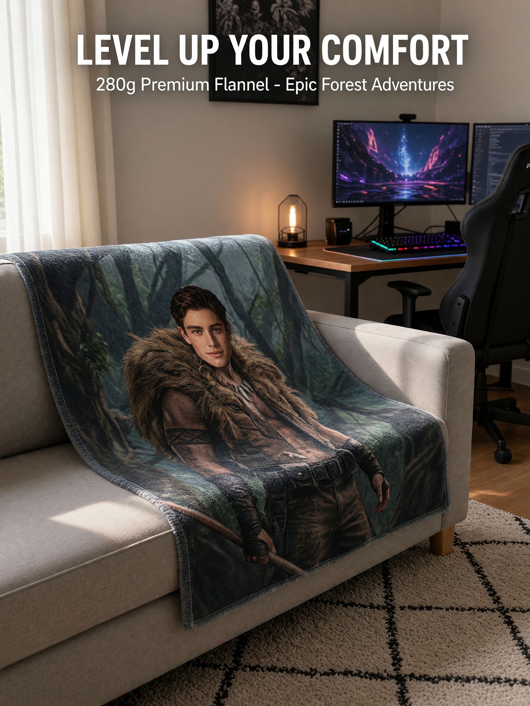 Custom Face Photo Flannel Blanket Personalized Warrior Jungle Fantasy Soft Plush Throw Blanket for Home and Gifts