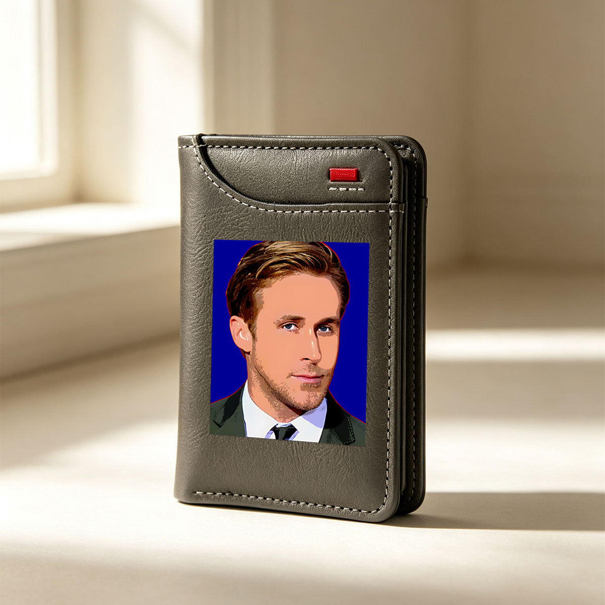 Ryan Gosling in a formal suit against a blue background - Vertical Style Wallet