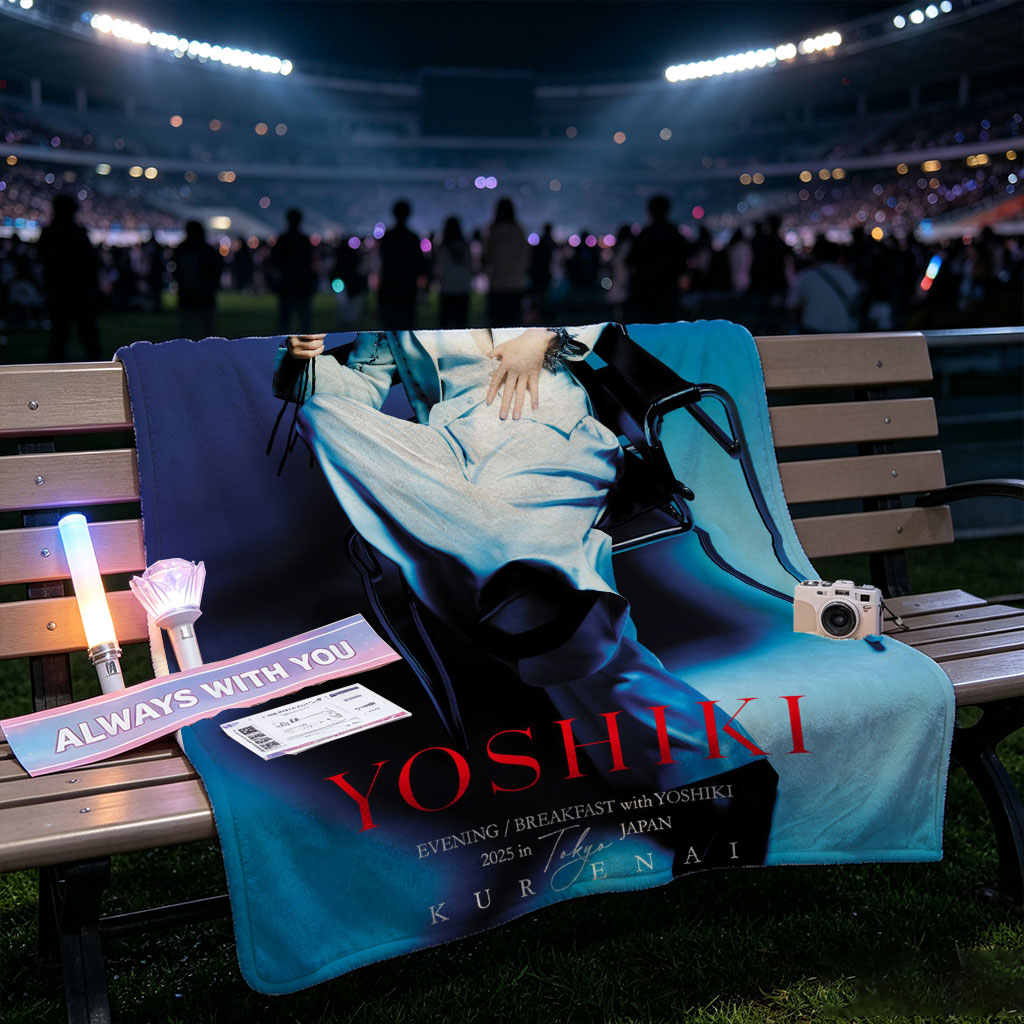 YOSHIKI Evening Breakfast with YOSHIKI 2025 in Tokyo Japan KURENAI Poster Featuring YOSHIKI Seated on Chair Holding Red Roses Against Blue Background - Blankets