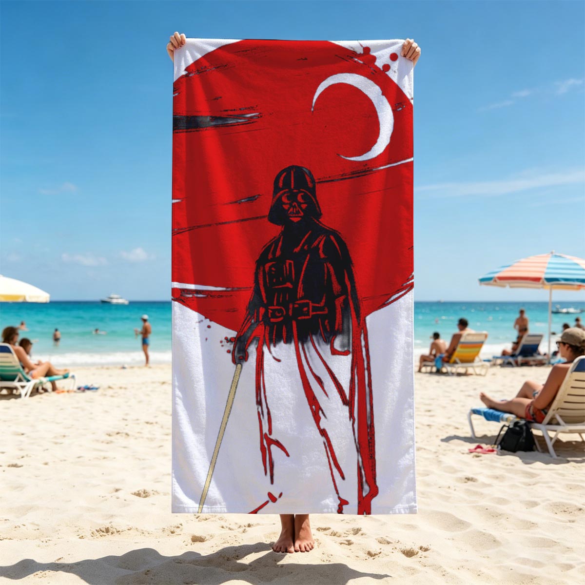 Darth Vader stands before a red sun, wielding a lightsaber in a dramatic silhouette. - Beach towels