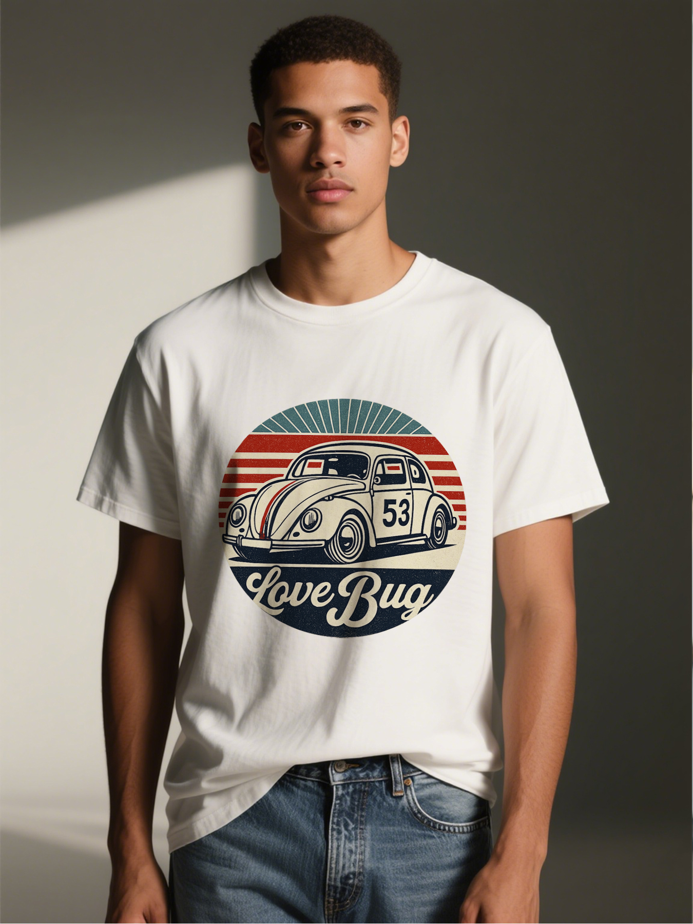 Men's Printed T-Shirt Love Bug Vintage Car 53 Design Casual Round Neck Summer Lightweight Breathable Short Sleeve T-Shirt for Car Enthusiasts and Retro Style Lovers
