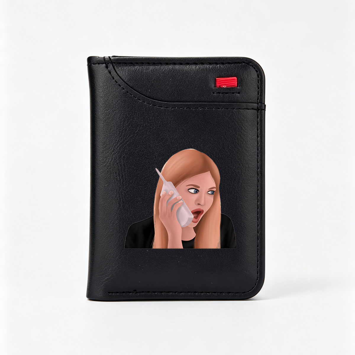 Surprised Woman on Phone Call - Vertical Style Wallet
