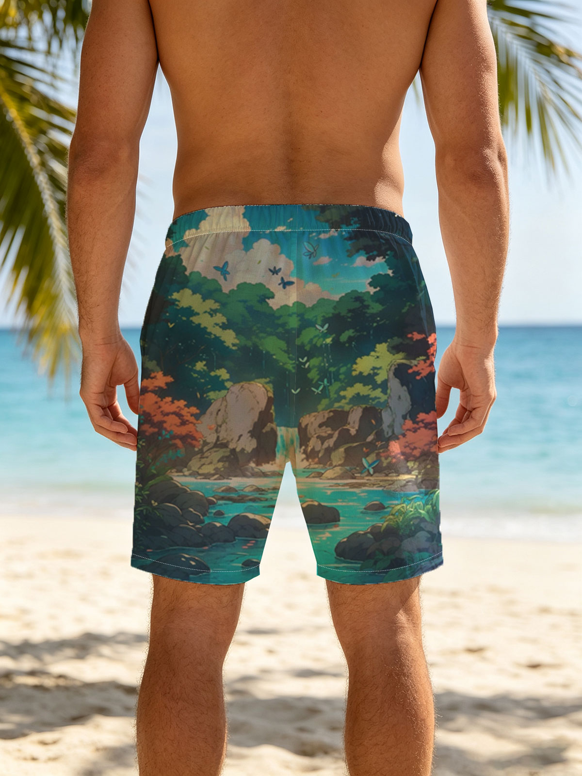 Serene Forest Stream with Waterfall and Butterflies -  Beach shorts