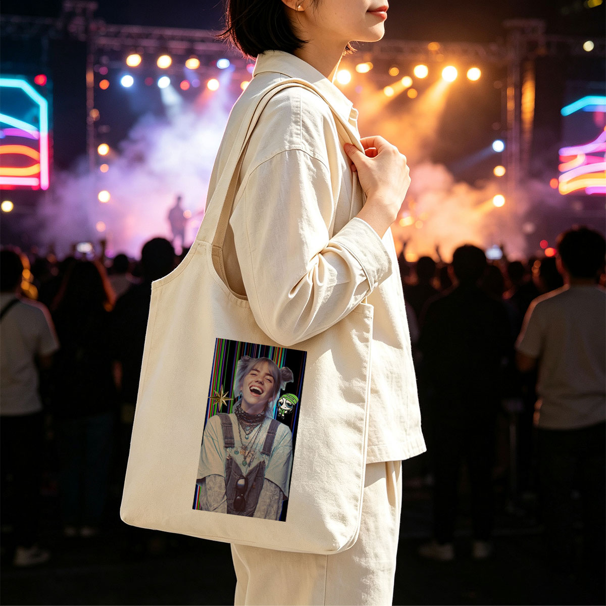Billie Eilish Laughing in Overalls with Colorful Background and Cartoon Character Overlay - Canvas shoulder bags/