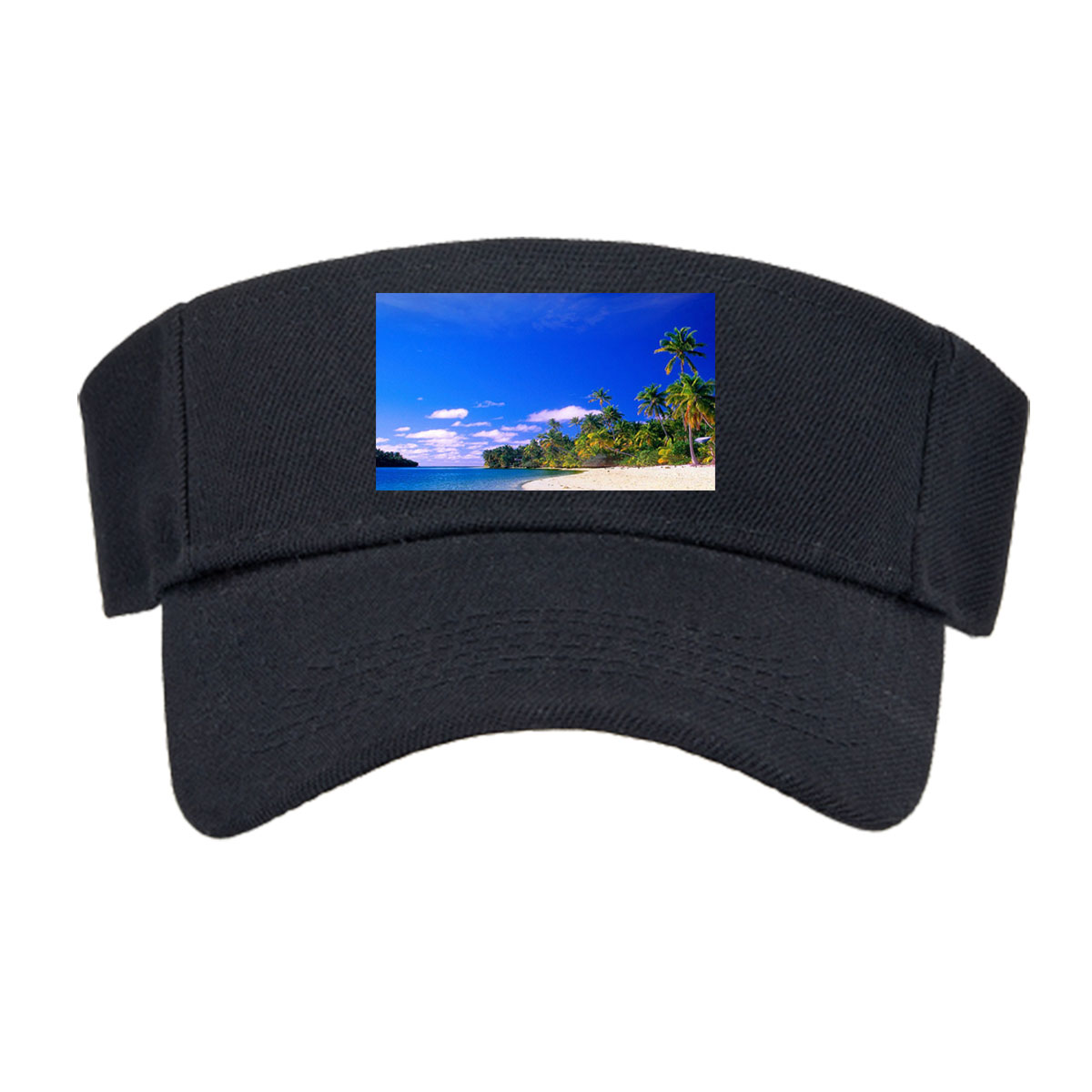 Seagulls soar over a pristine tropical beach with crystal-clear waters and palm trees under a vibrant blue sky. -  Visor cap