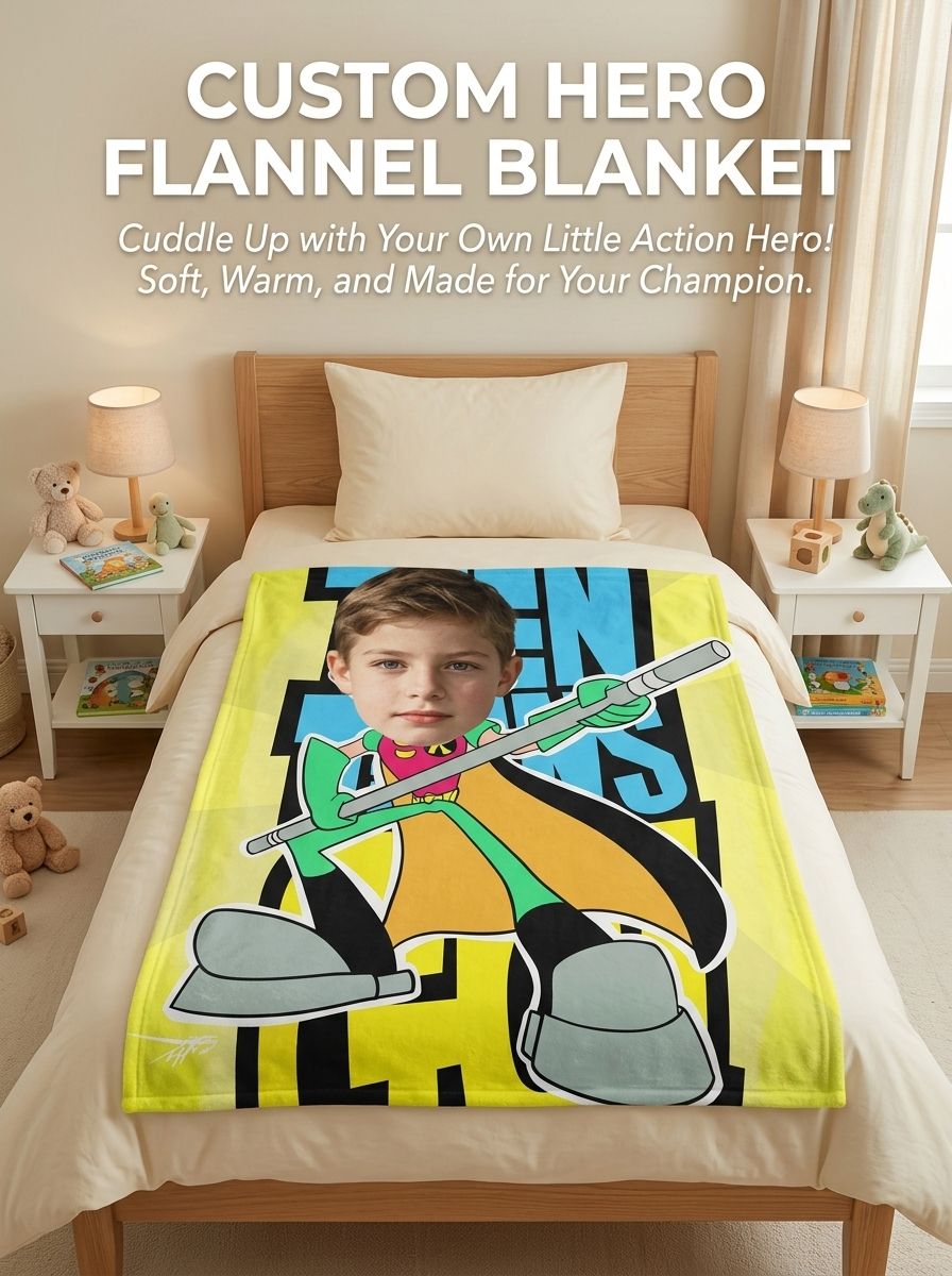Custom Face Comic Hero Flannel Fleece Blanket, Soft Personalized Photo Throw for Kids and Cozy Living Room Gifting
