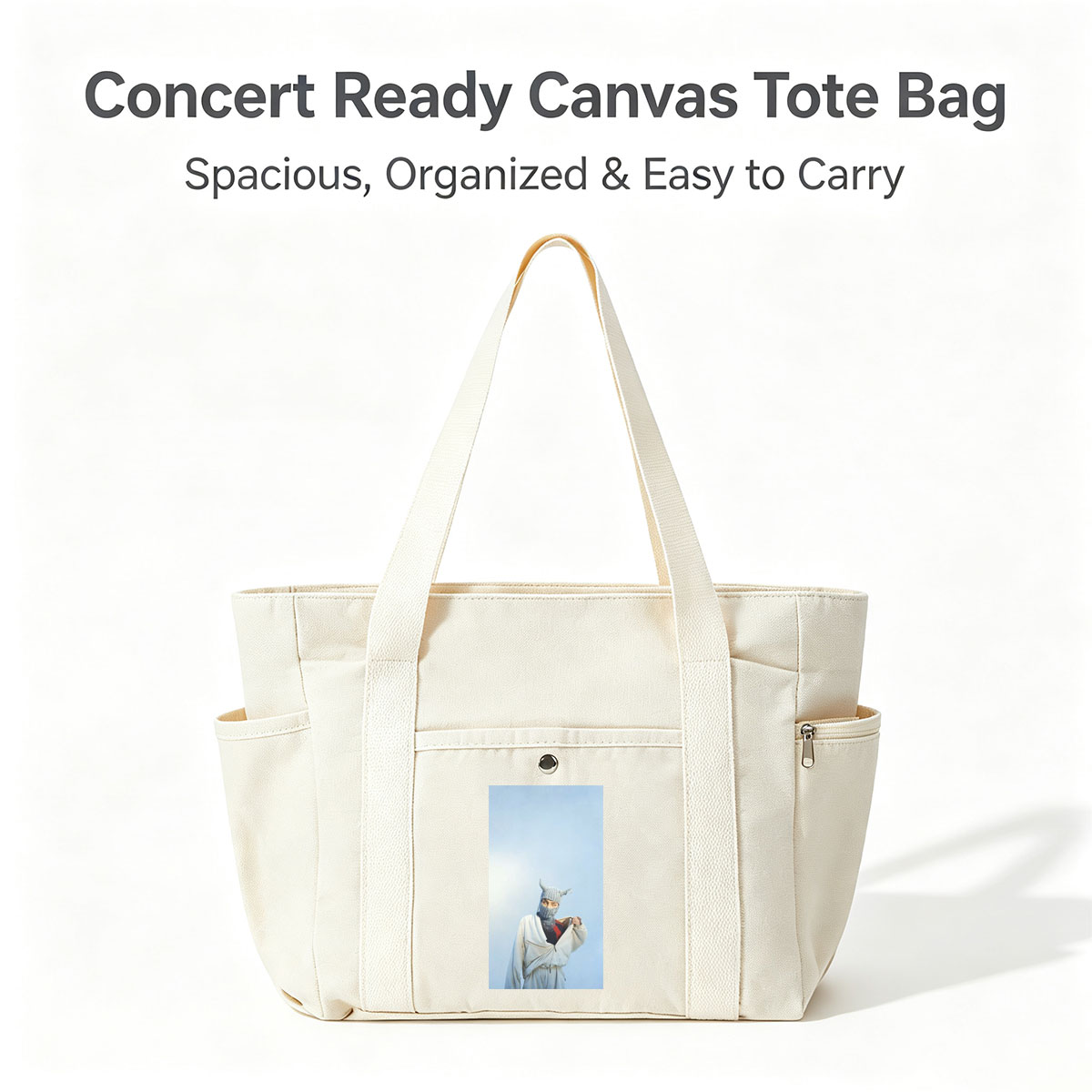 Billie Eilish in a whimsical winter scene wearing a horned knit mask and flowing white outfit against a clear blue sky - Multi-pocket bags