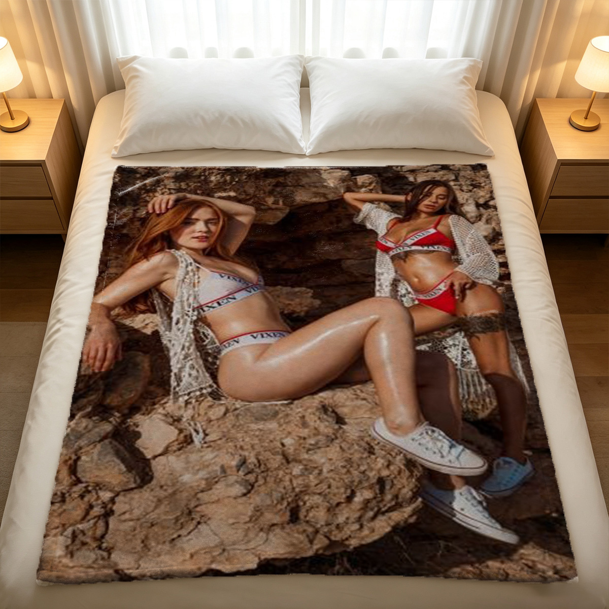 A young woman in a white sailor-style crop top and panties with thigh-high white socks, posing seductively with one leg raised high against a wall-mounted TV. - Blanket