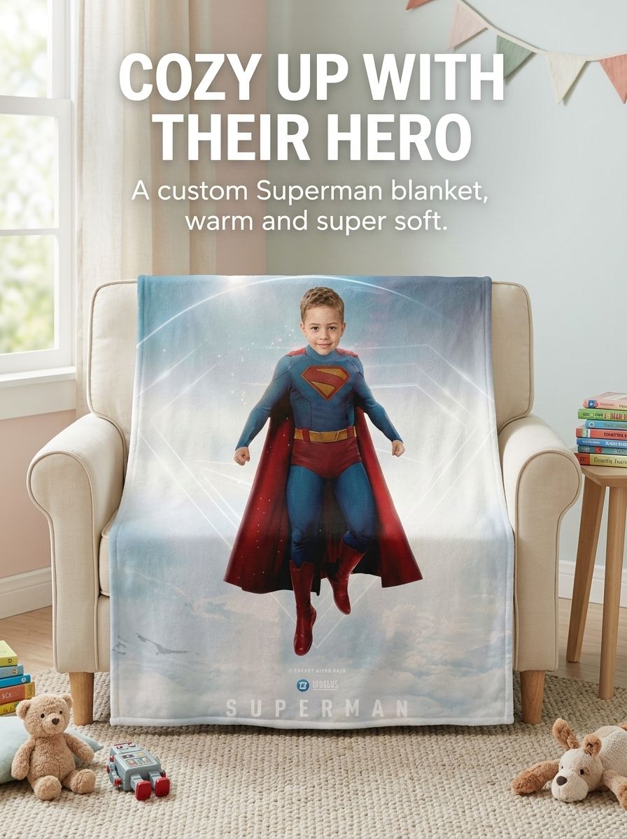 Custom Photo Superhero Flannel Blanket Personalized Face Throw Ultra Soft Cozy Fleece Bedding Keepsake Gift