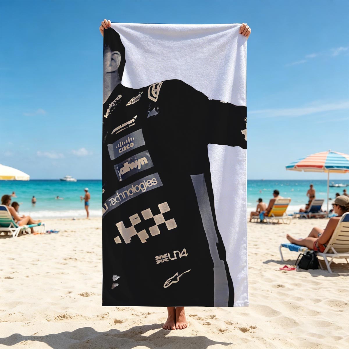 F1 Driver Celebrates Victory in Racing Suit - Beach towels