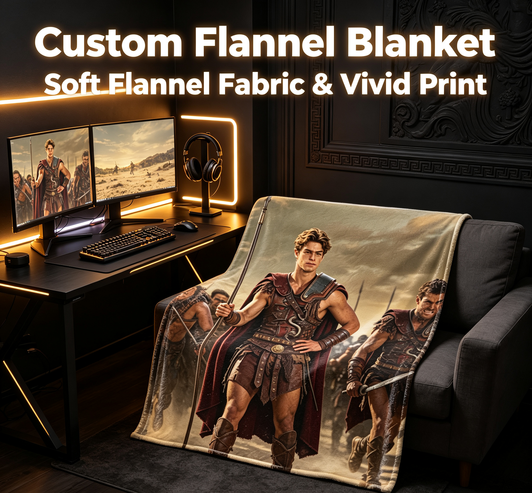 Custom Face Blanket - Ancient Warrior Hero with Spear and Armor Flannel Blanket - Perfect for Couch, Bed, or Camping - Ideal Gift or Giveaway for History and Fantasy Fans