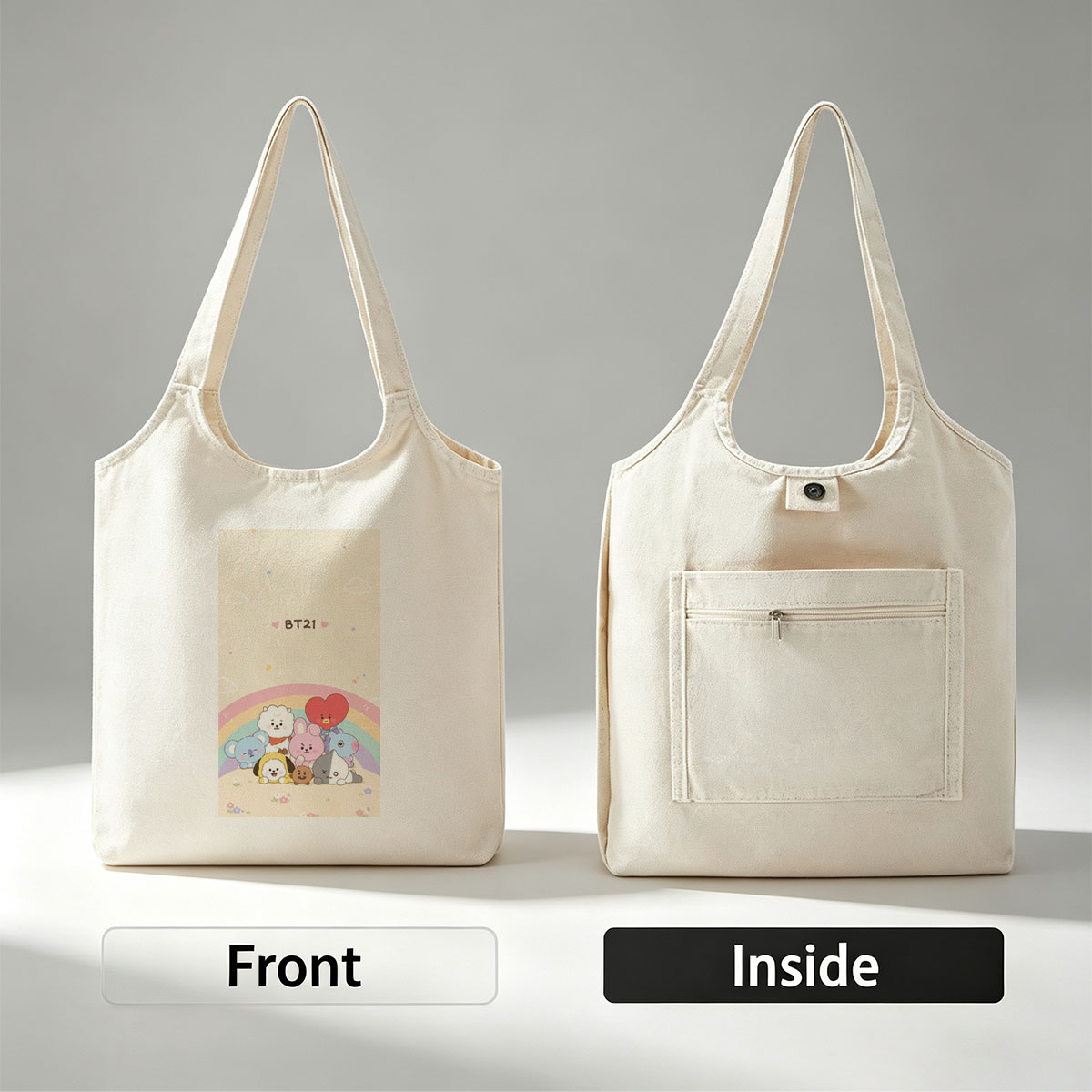 BT21 Characters Gathering Under a Rainbow in a Cute Pastel Scene - Canvas shoulder bags/