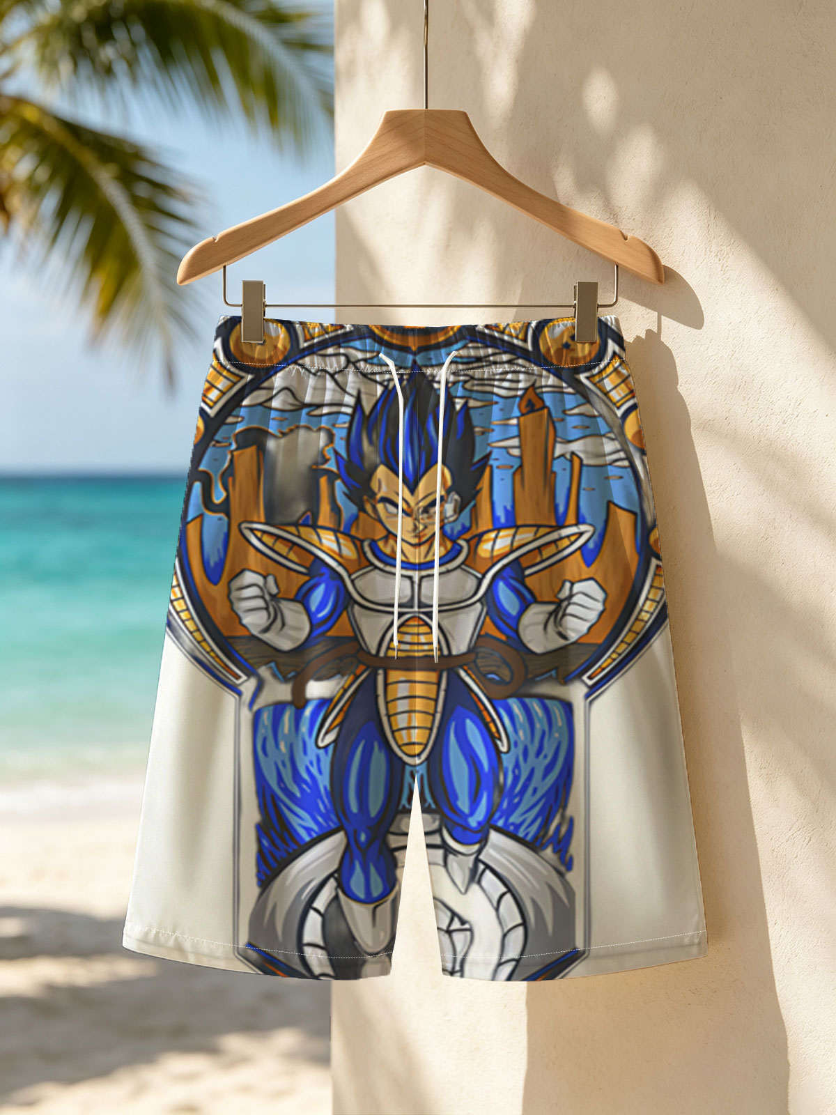 Vegeta in Super Saiyan Blue Form, Dragon Ball Z Character, Stained Glass Art Style -  Beach shorts