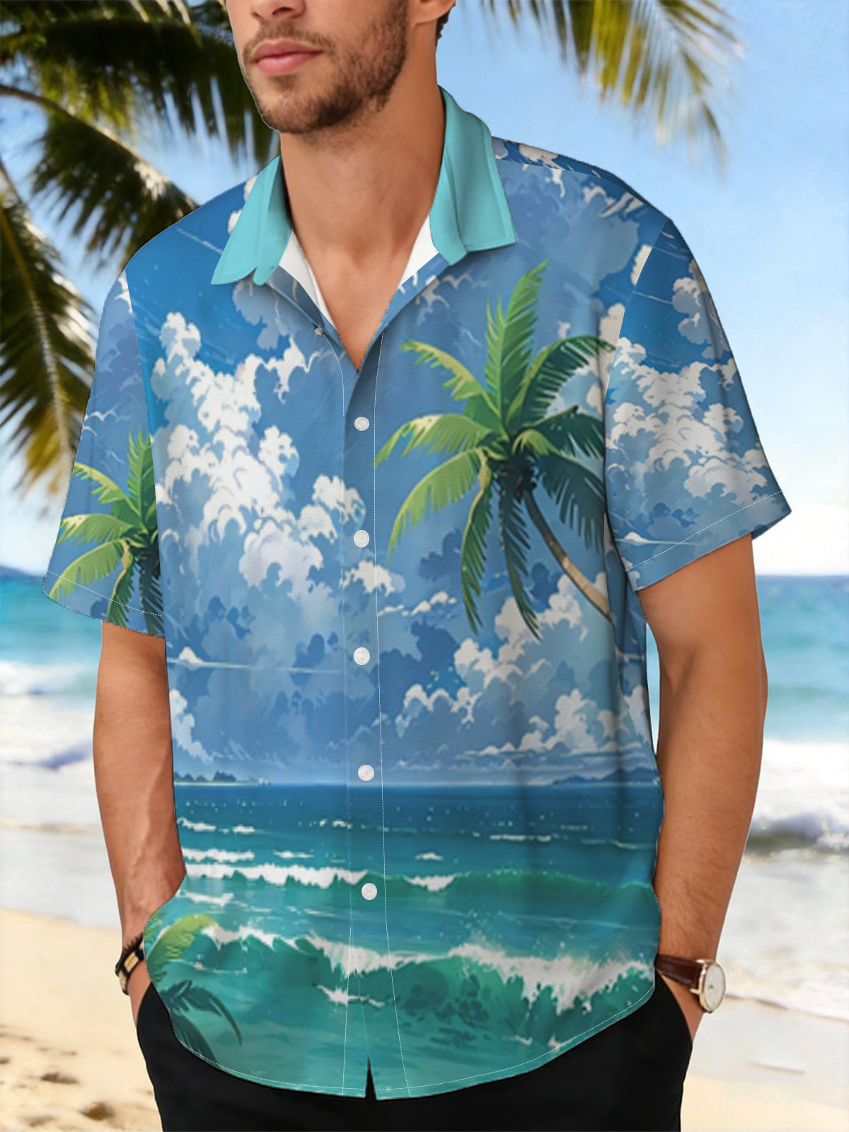 Tropical Beach with Palm Trees and Blue Sky -  Shirt
