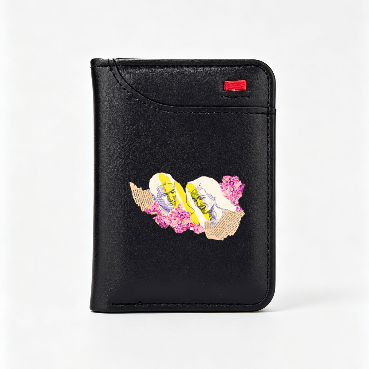 Two stylized faces with yellow highlights and purple flowers, set against a backdrop of text fragments. - Vertical Style Wallet