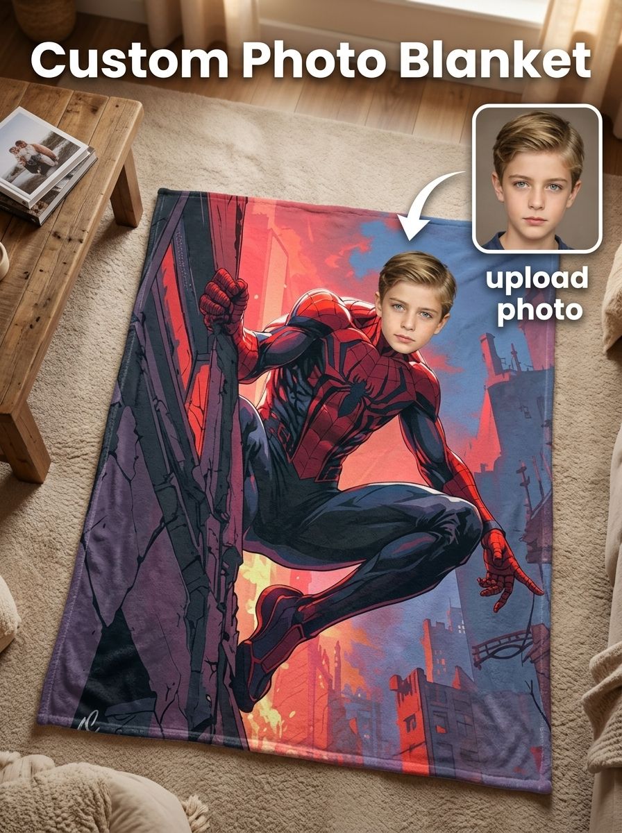 Custom Face Superhero Flannel Throw Blanket Personalized Photo Fleece Bed Cover for Kids and Adults Cozy Gift Idea