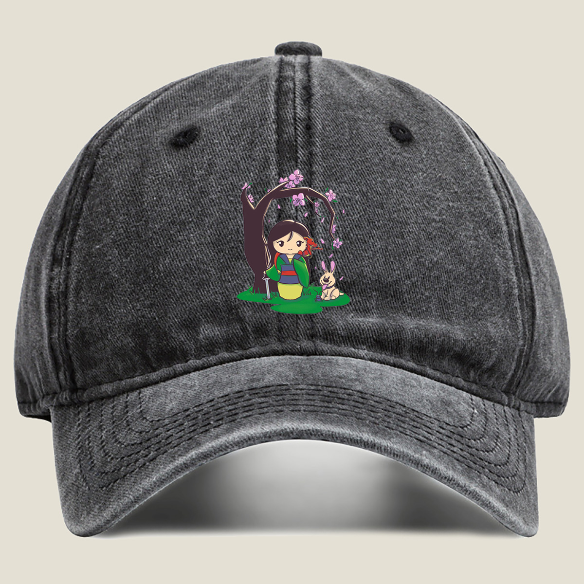 Mulan with Mushu and Cri-Kee Under Cherry Blossom Tree - Washed Denim - Baseball Cap