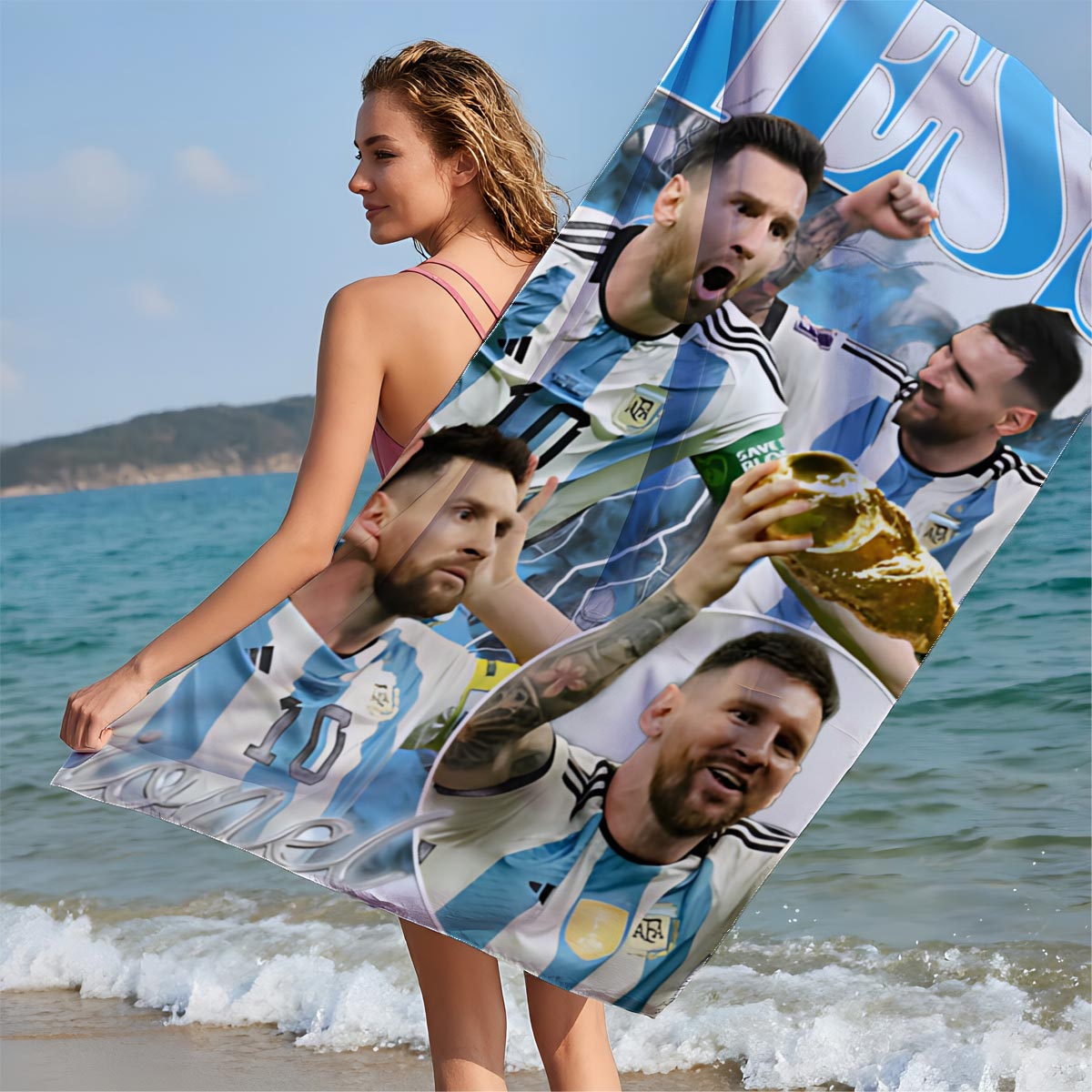 Lionel Messi Celebrates Argentina's Victory with the World Cup Trophy - Beach towels