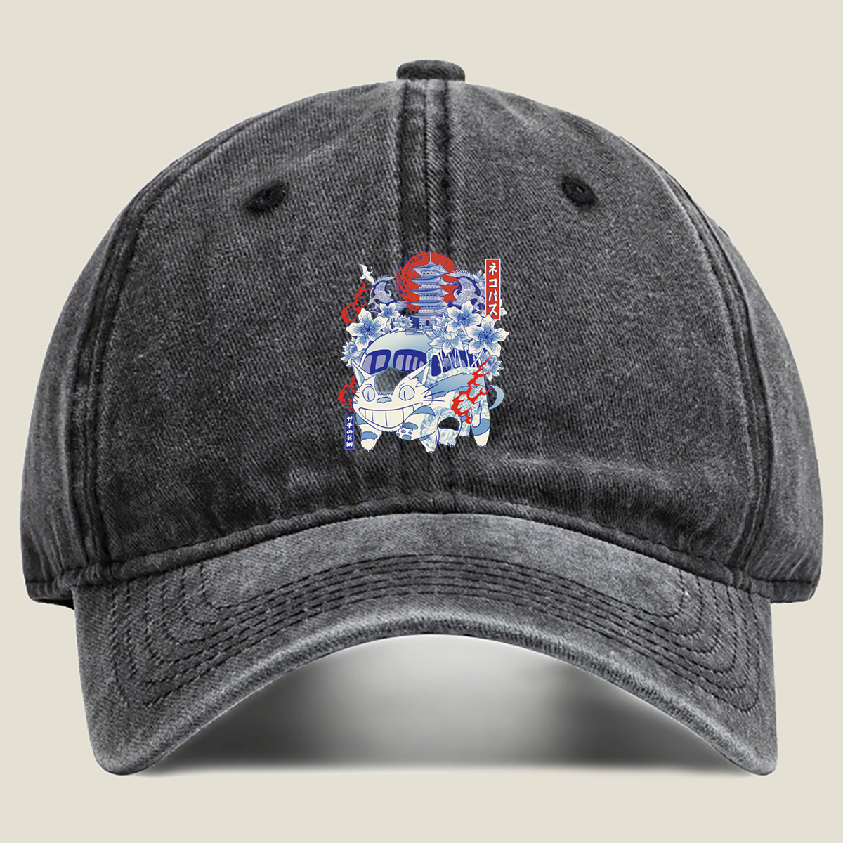Neko Pass: Catbus and Cherry Blossoms - Washed Denim - Baseball Cap
