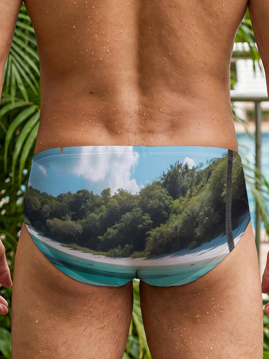 Tropical Beach with Palm Trees and Crystal Clear Water -  Men's swim trunks