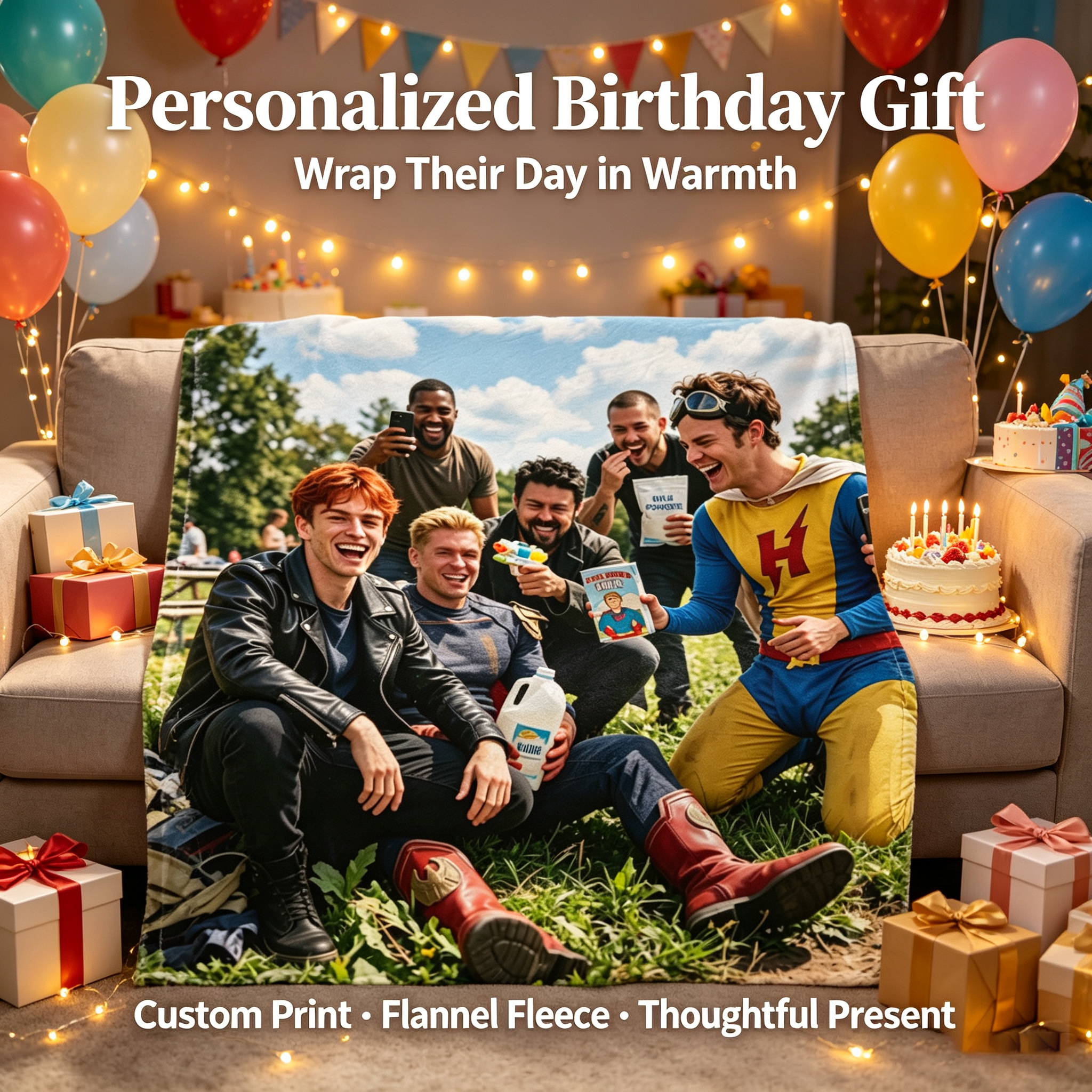 Custom Face Blanket - The Boys Superhero Group Photo Flannel Blanket - Perfect for Couch Lounging, Camping, or as a Unique Gift/Giveaway