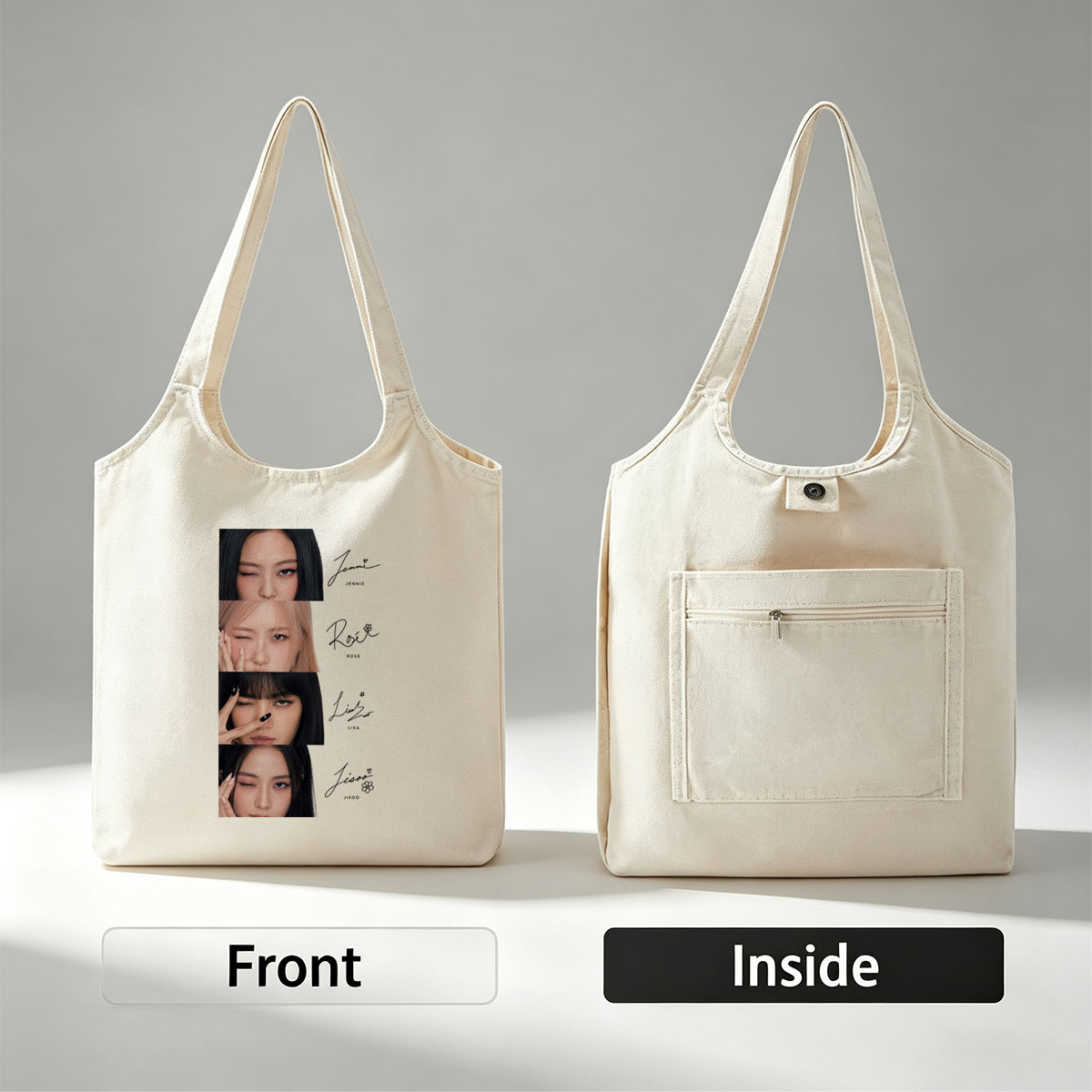 BLACKPINK Members Close-Up Portraits with Signature Names and Emojis - Canvas shoulder bags/