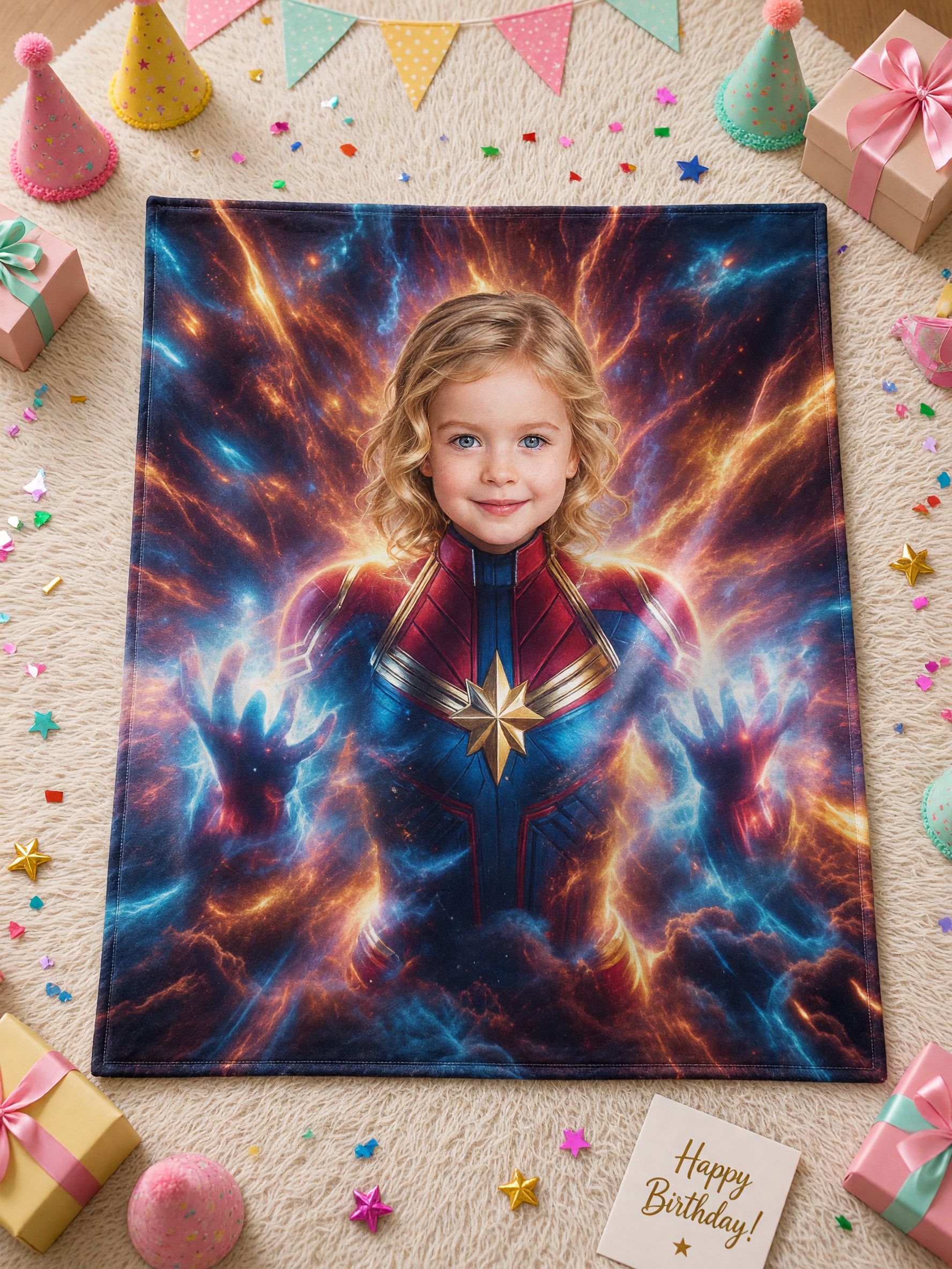 Custom Face Superhero Flannel Blanket, Personalized Photo Cosmic Hero Soft Plush Throw Blanket for Kids and Family Gift