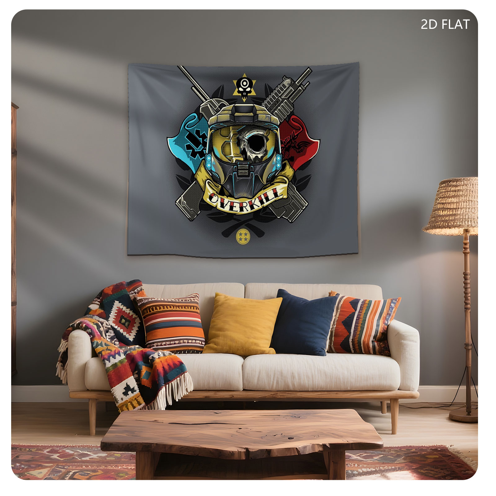 Overkill: Tactical Skull with Crossed Guns and Flags - Tapestry