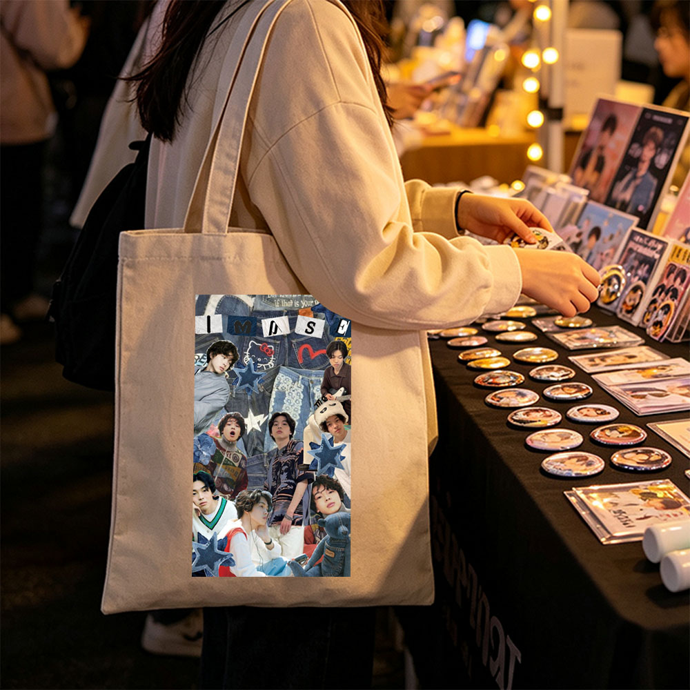IMASE Members in a Denim-Themed Collage with Stars and Playful Elements - Canvas tote bags