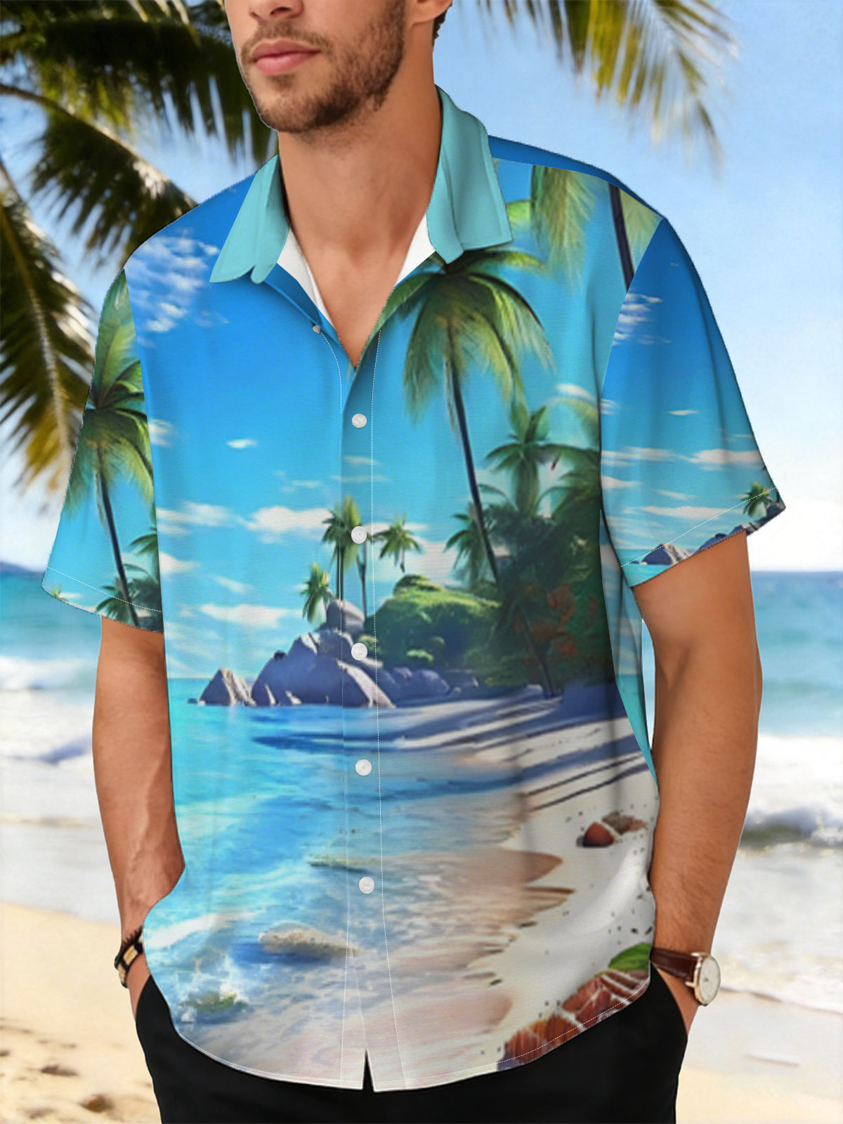 Tropical Beach with Palm Trees and Crystal Clear Water -  Shirt