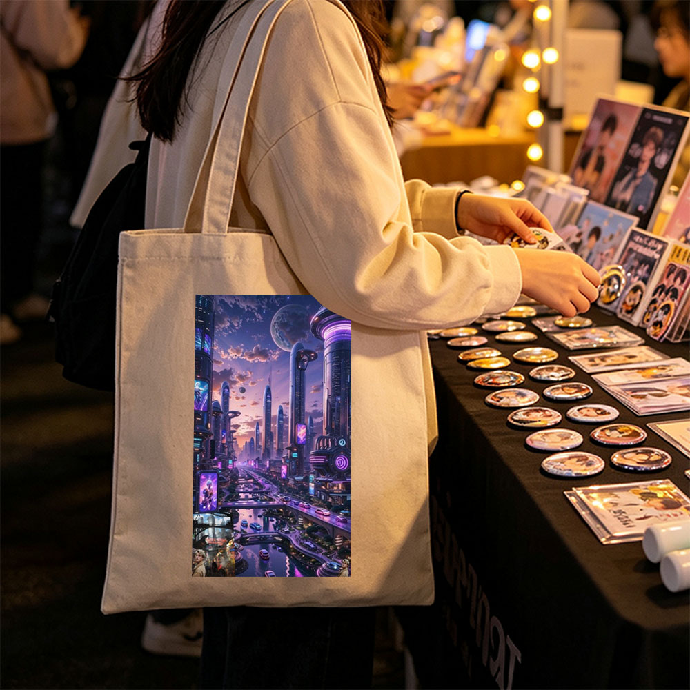 Taylor Swift in Futuristic Cityscape - Neon-Lit Metropolis with Hovering Cars and Giant Moon in the Sky - Canvas tote bags