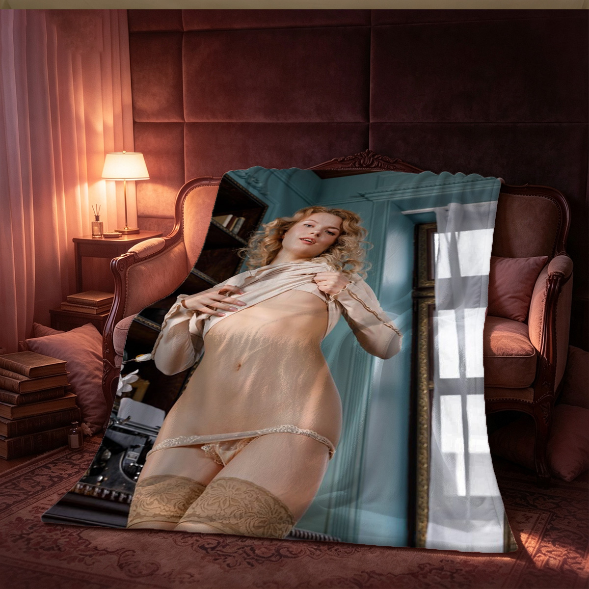 Aphrodite in Golden Silk Lingerie Lounging on Silk Cushions - Blanket