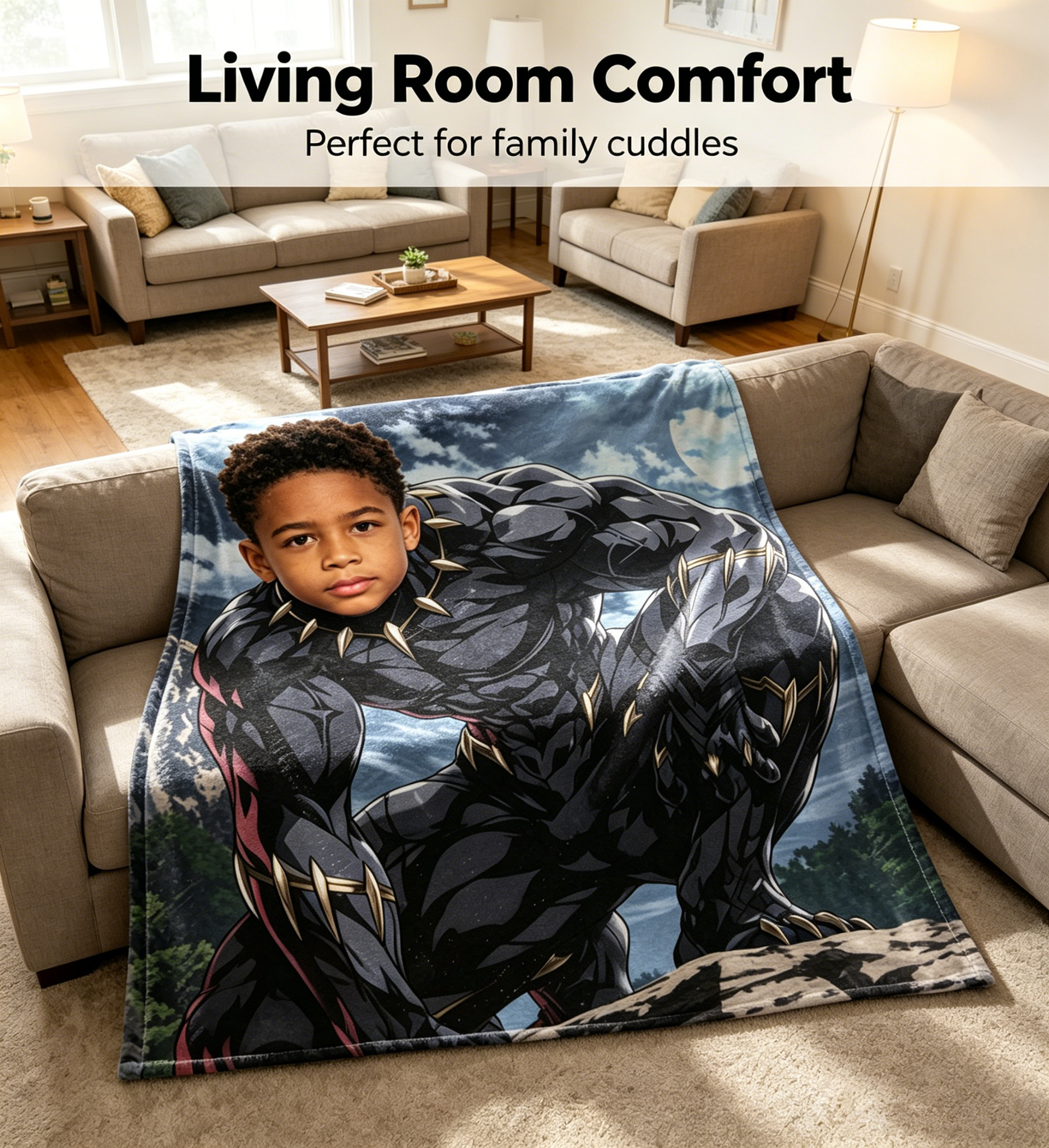 DIY Custom Face Black Panther Blanket, Wild Mountain Theme Upload Kid Photo Personalized Fleece Throw Blanket for Boys
