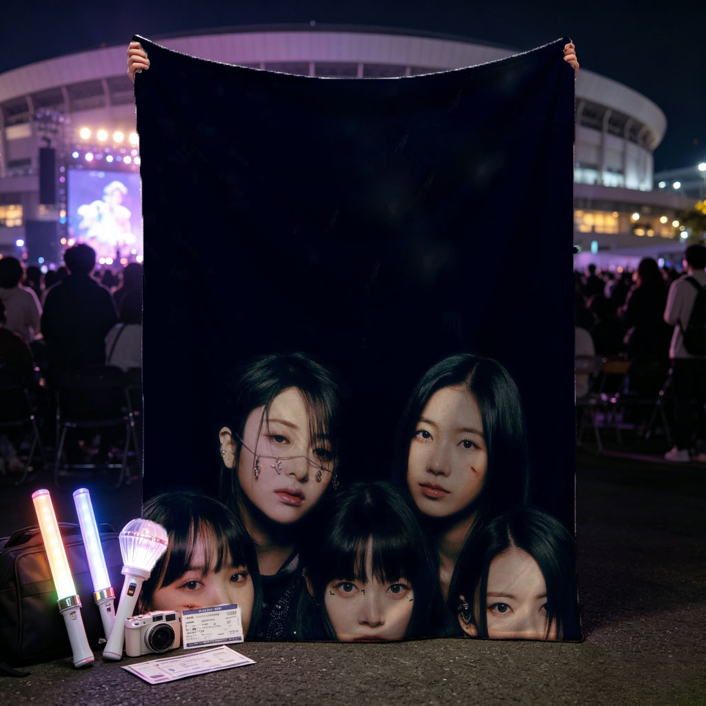 NewJeans Group Photo in Dark Rainy Setting with Dramatic Lighting and Bold Fashion Styles - Blankets