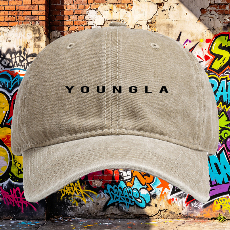 Unisex Classic Washed Cap with YOUNGLA Logo Print - Casual Streetwear Baseball Hat for Outdoor Activities, Perfect for Urban Style Lovers and Trendy Adults