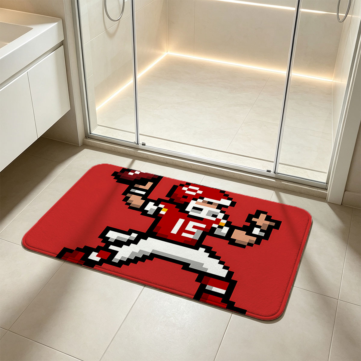 Pixel Football Player in Red Uniform, Number 15, Celebrating with Ball - Flannel floor mat