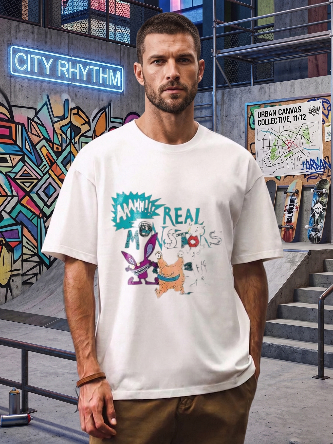 Men's Printed T-Shirt Featuring Cartoon Monsters and 